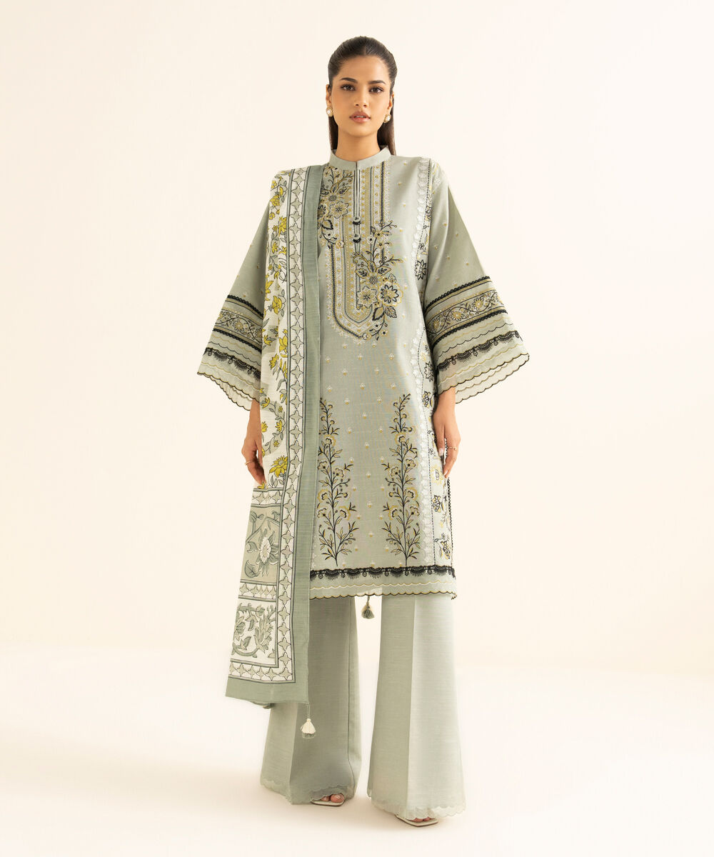 Women's Unstitched Cotton Embroidered Grey 3 Piece Suit