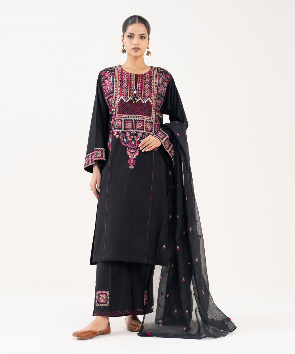 Women's RTW Textured Lawn Black Embroidered A-Line Shirt