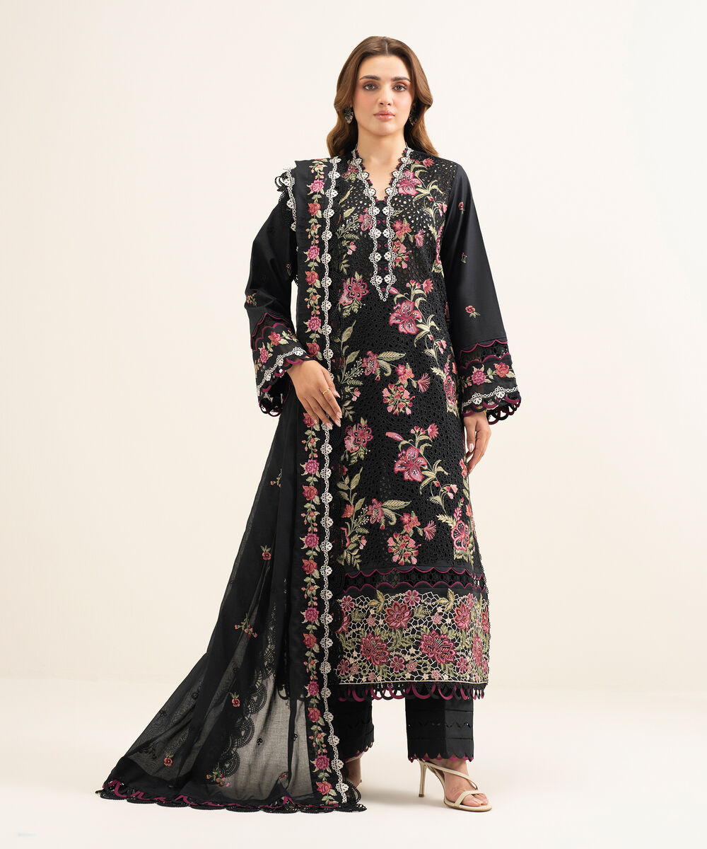 Women's Unstitched Lawn Embroidered Black 3 Piece Suit