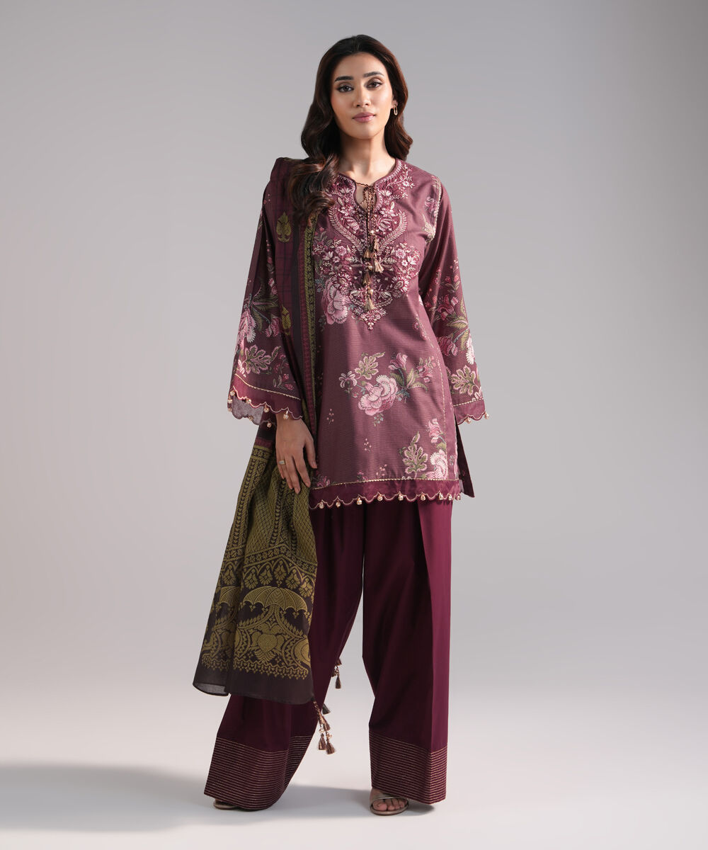 Women's RTW Zari Lawn Embroidered Plum 3 Piece Suit