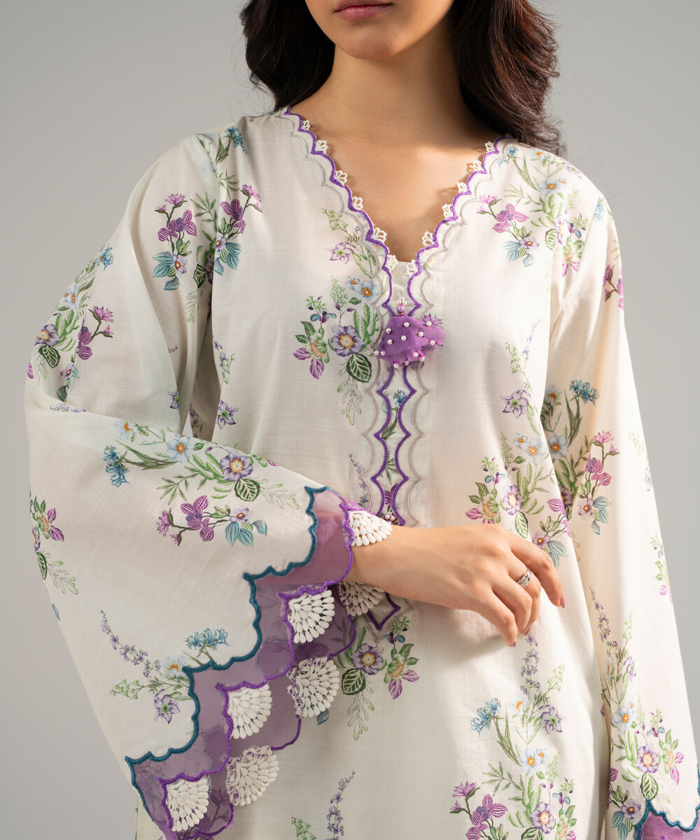 Women's RTW Slub Lawn Embroidered White 2 Piece Suit