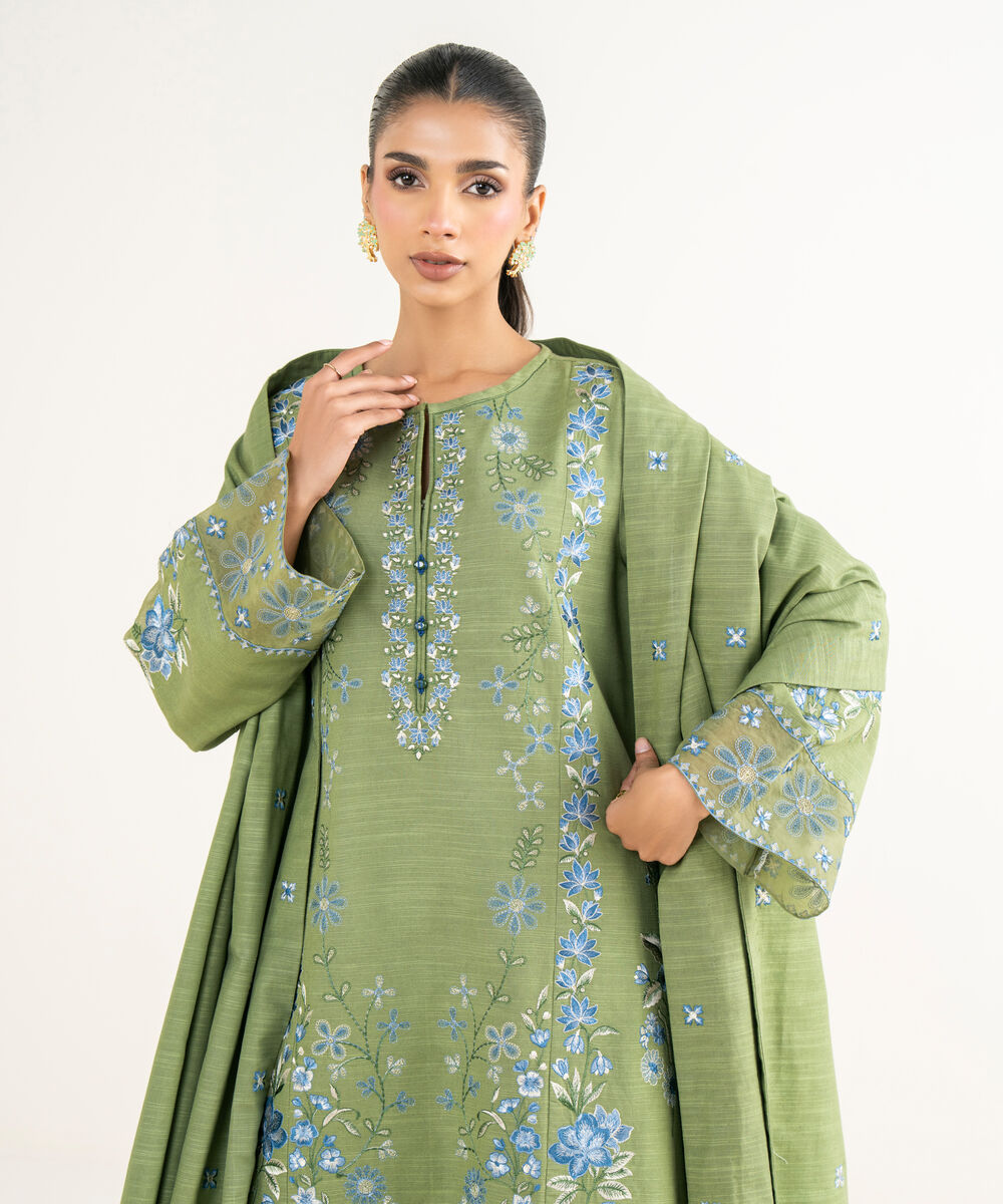 Women's Unstitched Khaddar Embroidered Green 3 Piece Suit