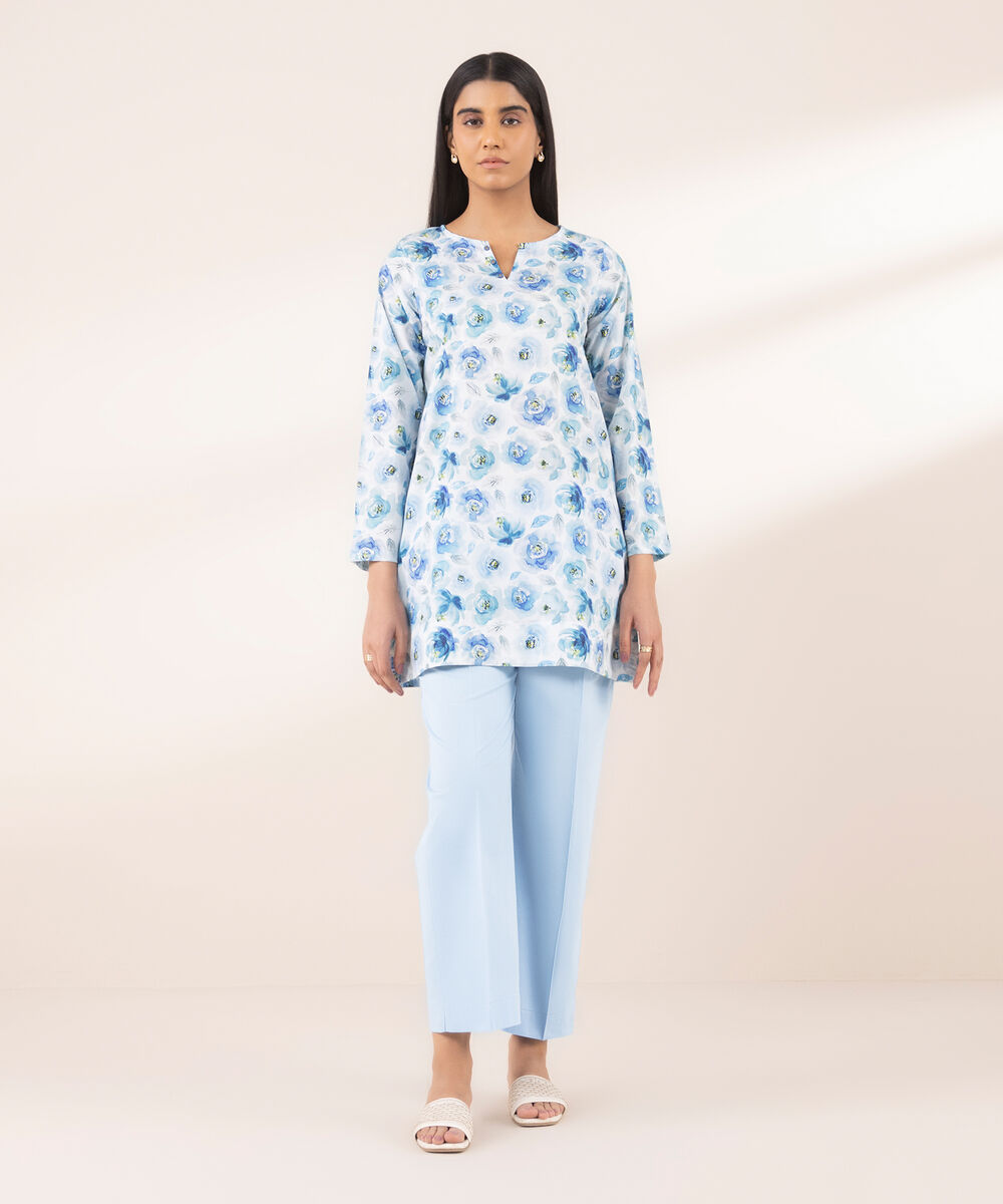Women's RTW Lycra Blue Printed A-Line Shirt