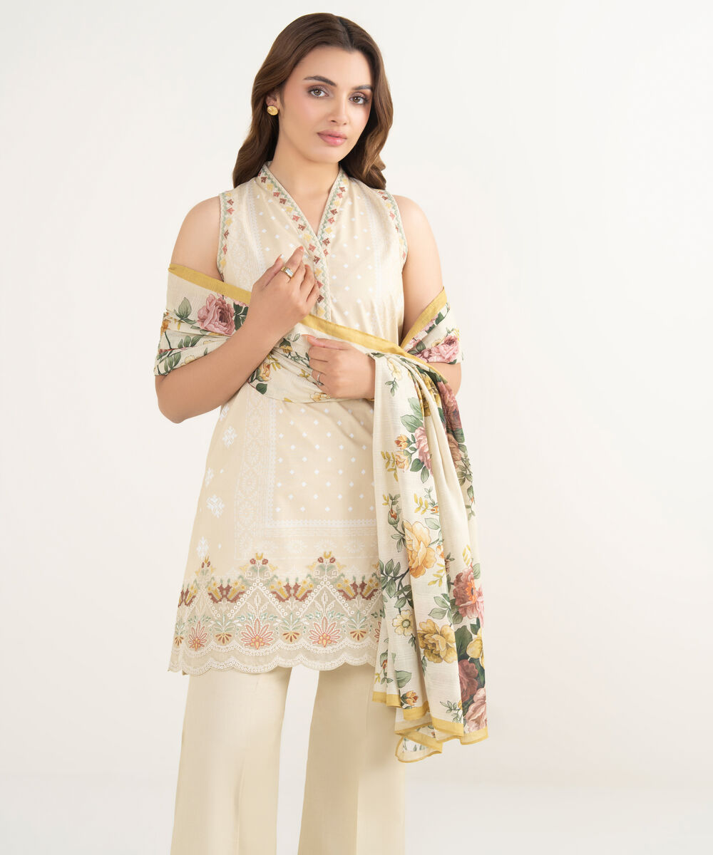 Women's Unstitched Lawn Embroidered Yellow 3 Piece Suit