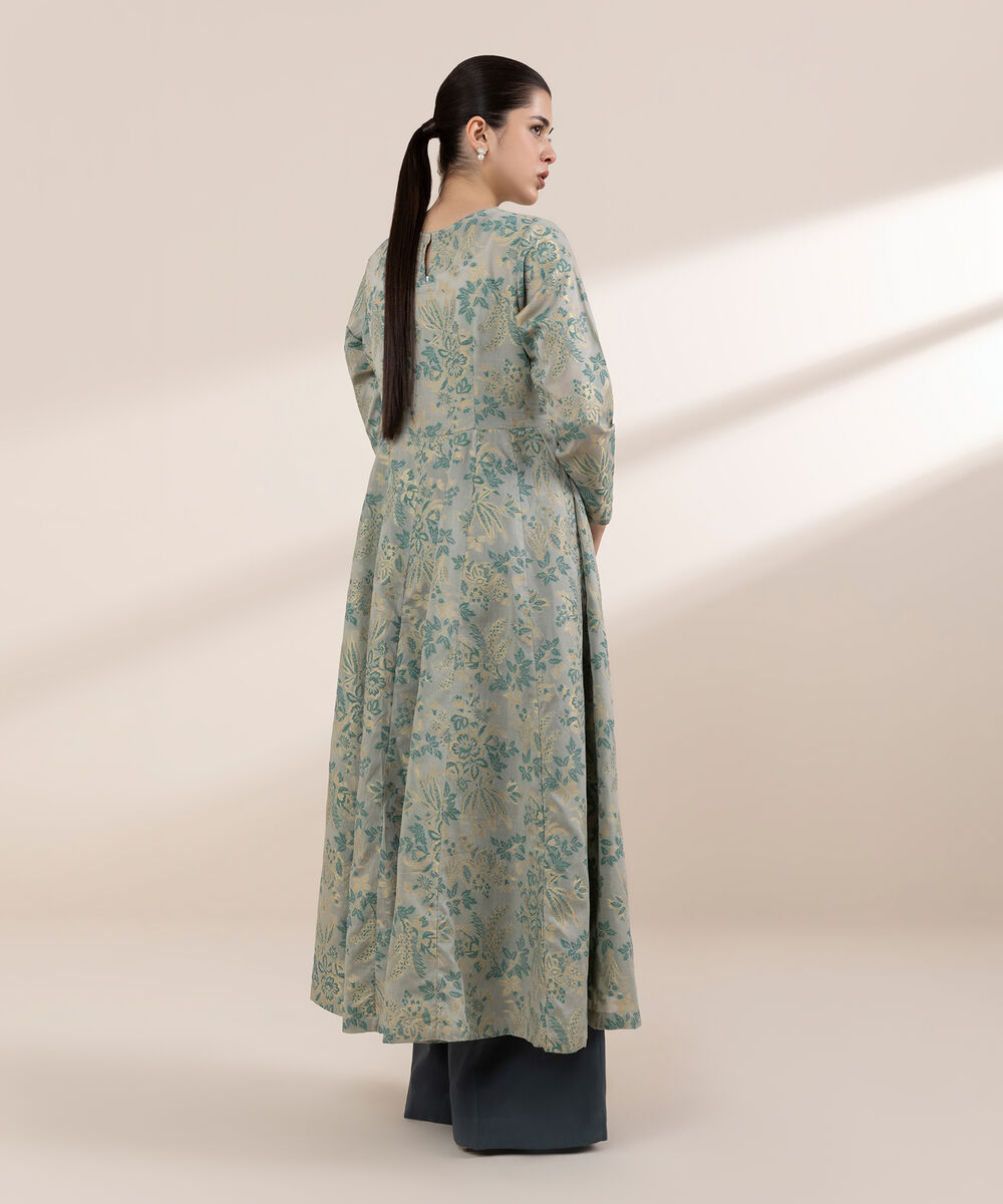 Women's RTW Extra Weft Jacquard Green Solid Peshwas