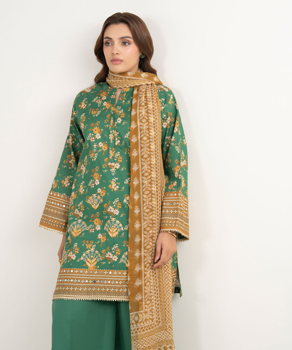 Women's Unstitched Lawn Embroidered Green 3 Piece Suit