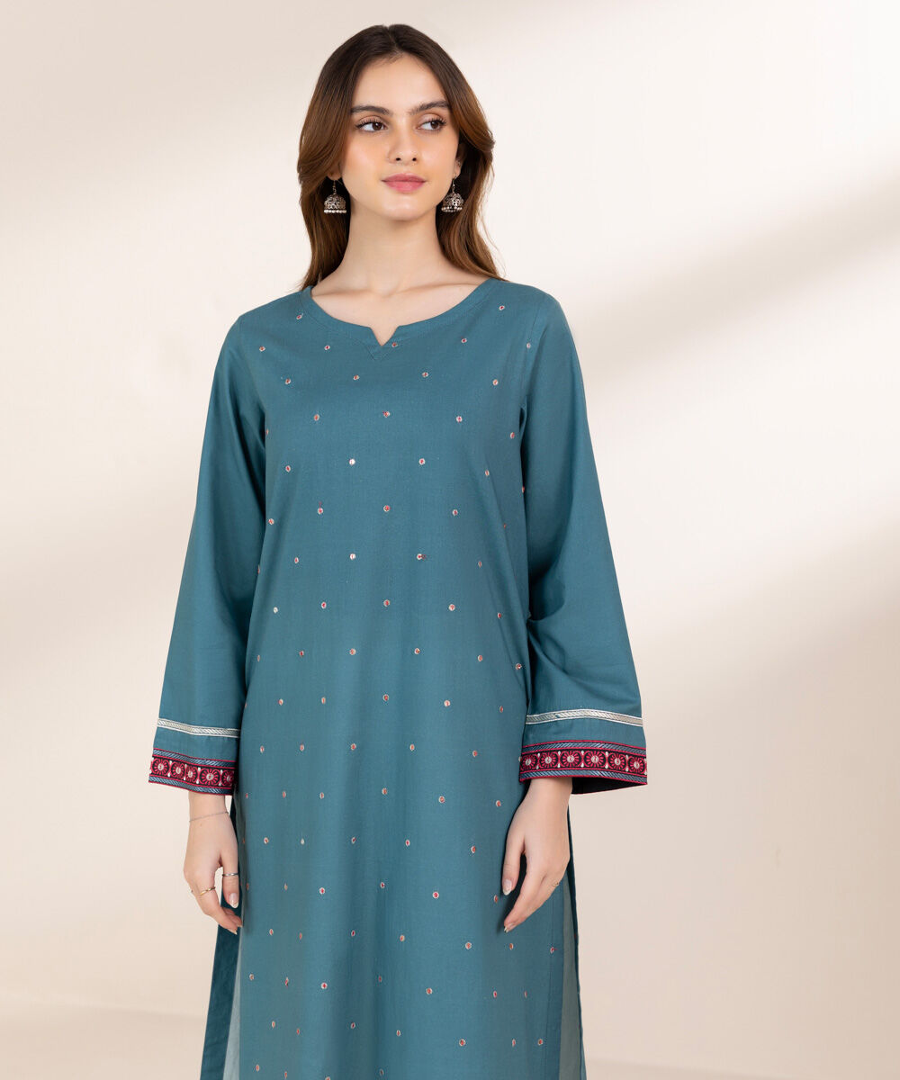 Women's Pret Cambric Green Embroidered Front Open Jacket