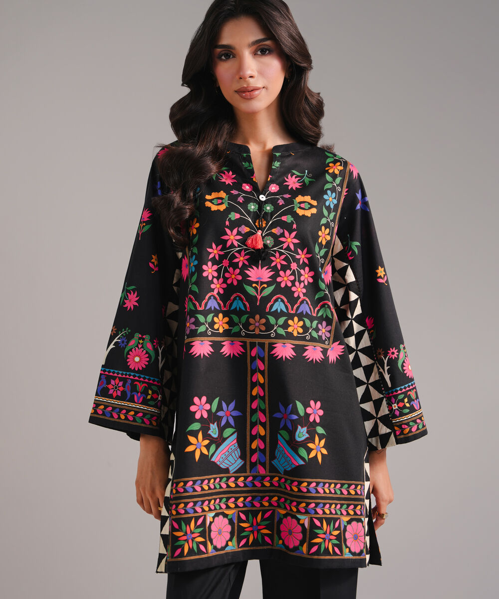 Women's RTW Cotton Viscose Printed Black Straight Shirt