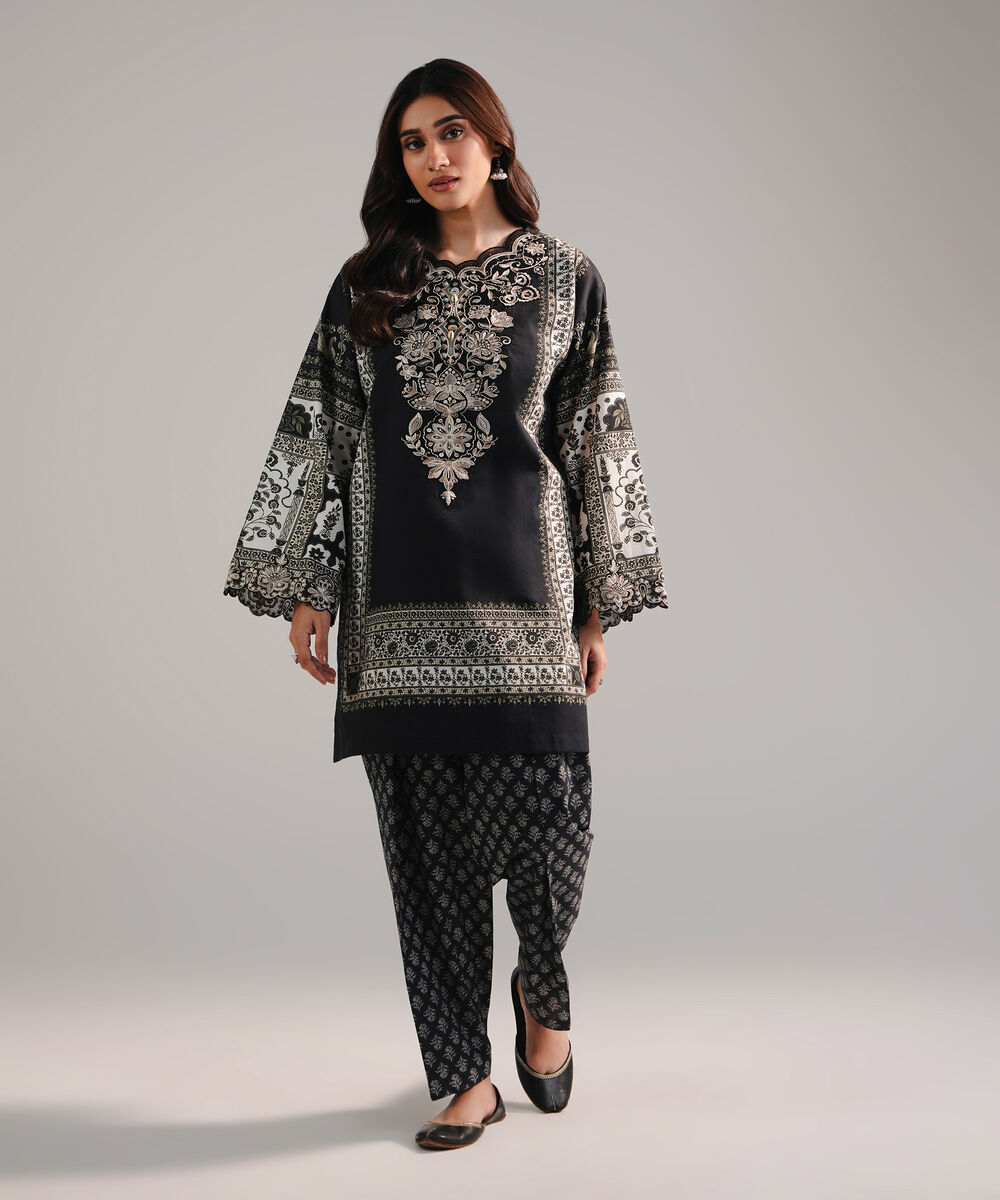 Women's RTW Cambric Embroidered Black Drop Shoulder Shirt