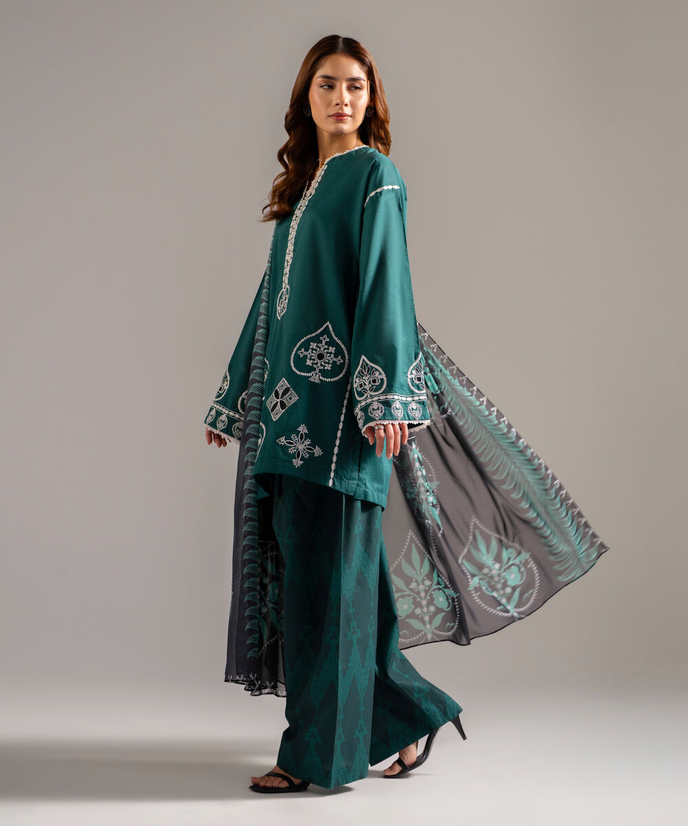 Women's RTW Dobby Embroidered Dark Green 3 Piece Suit