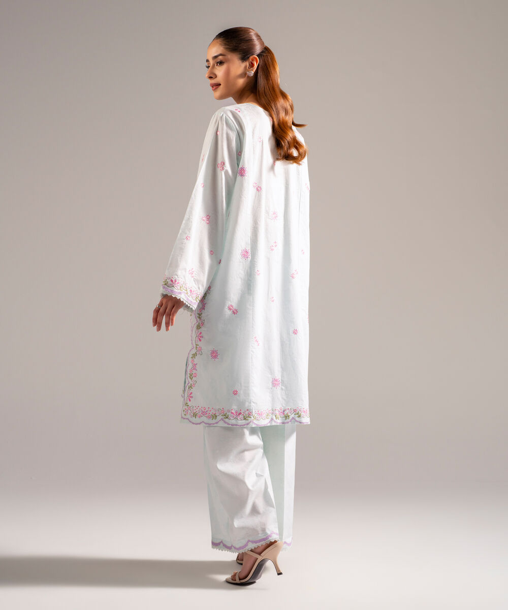 Women's RTW Self Jacquard Embroidered Light Blue 2 Piece Suit