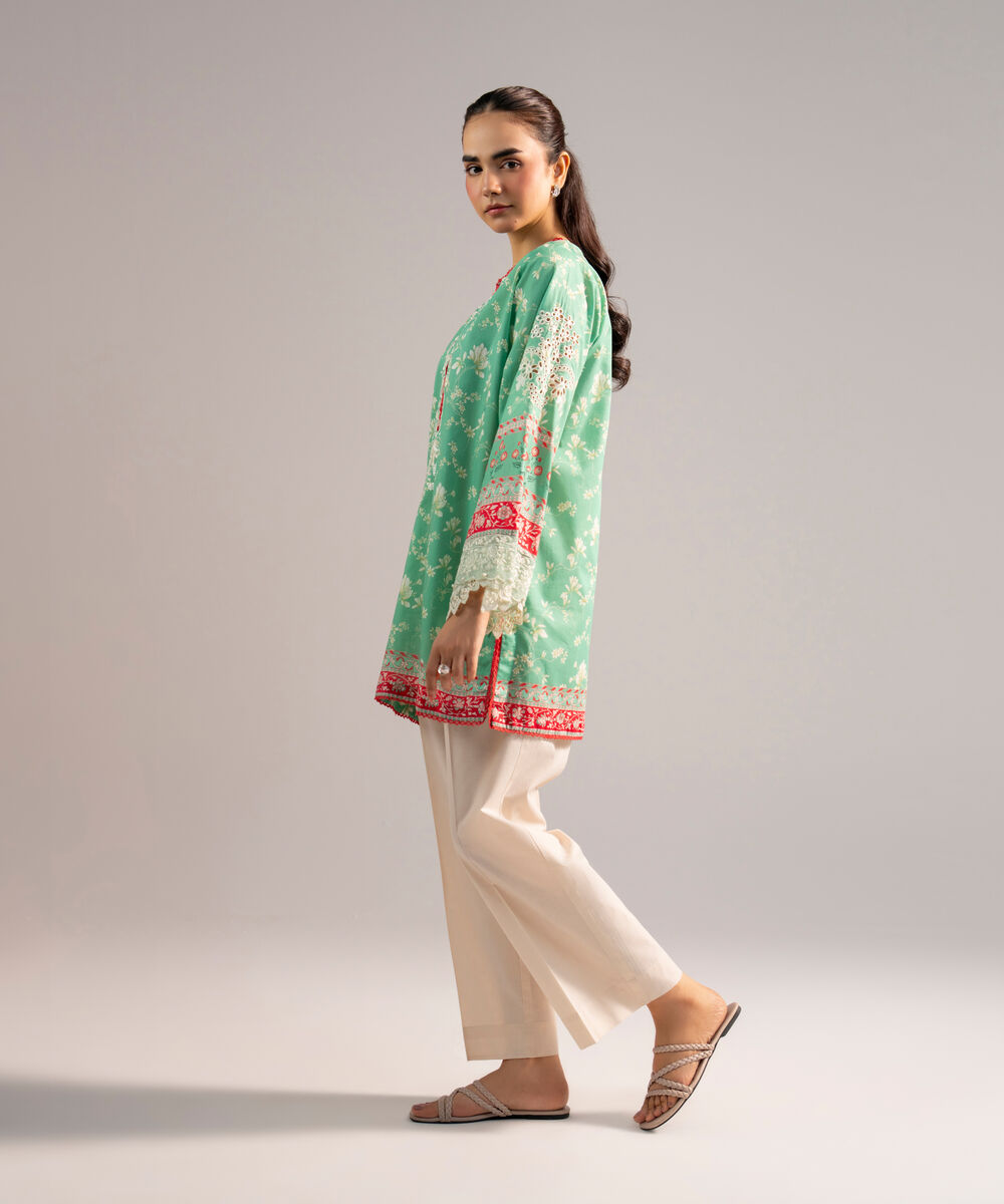 Women's RTW Lawn Embroidered Turquoise Straight Shirt