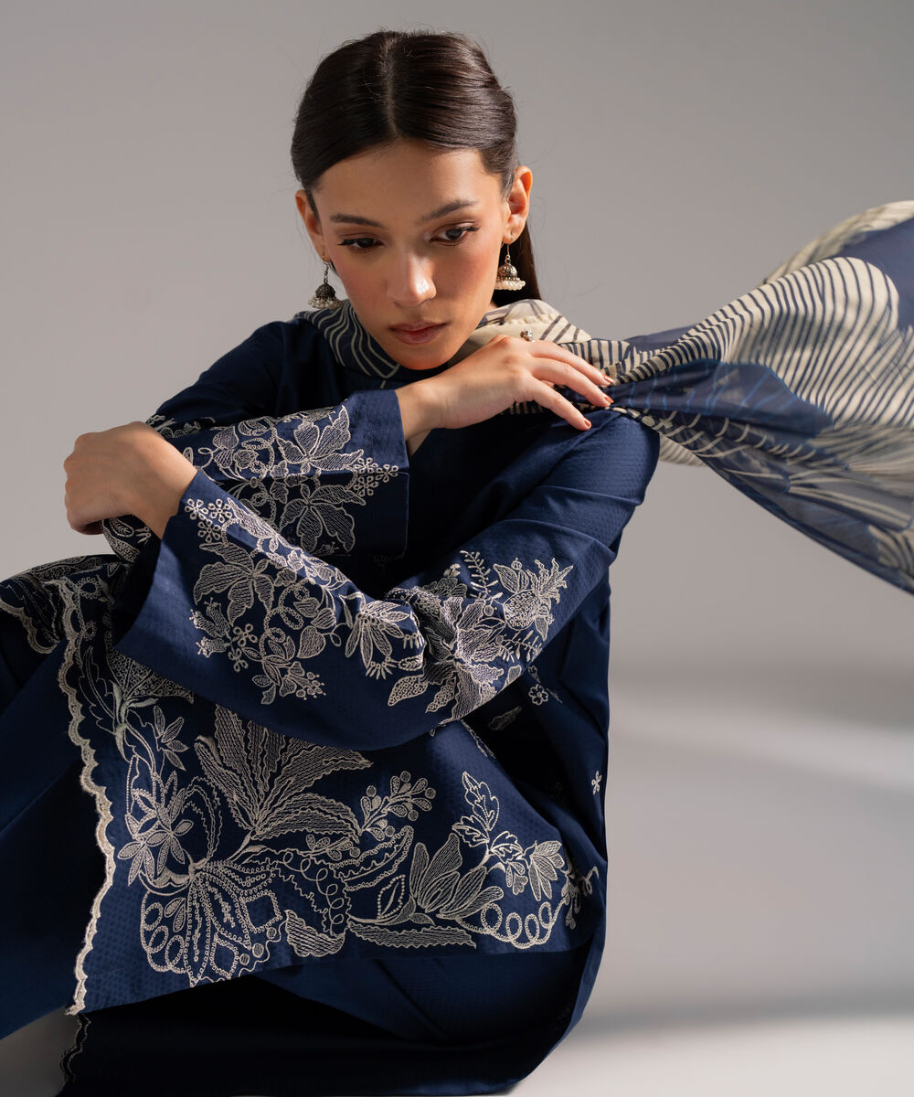 Women's RTW Dobby Embroidered Dark Blue 3 Piece Suit
