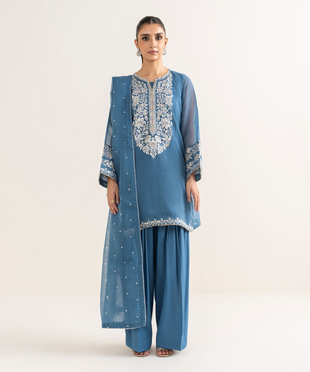 Women's RTW Blended Textured Karandi Embroidered Straight Blue Shirt
