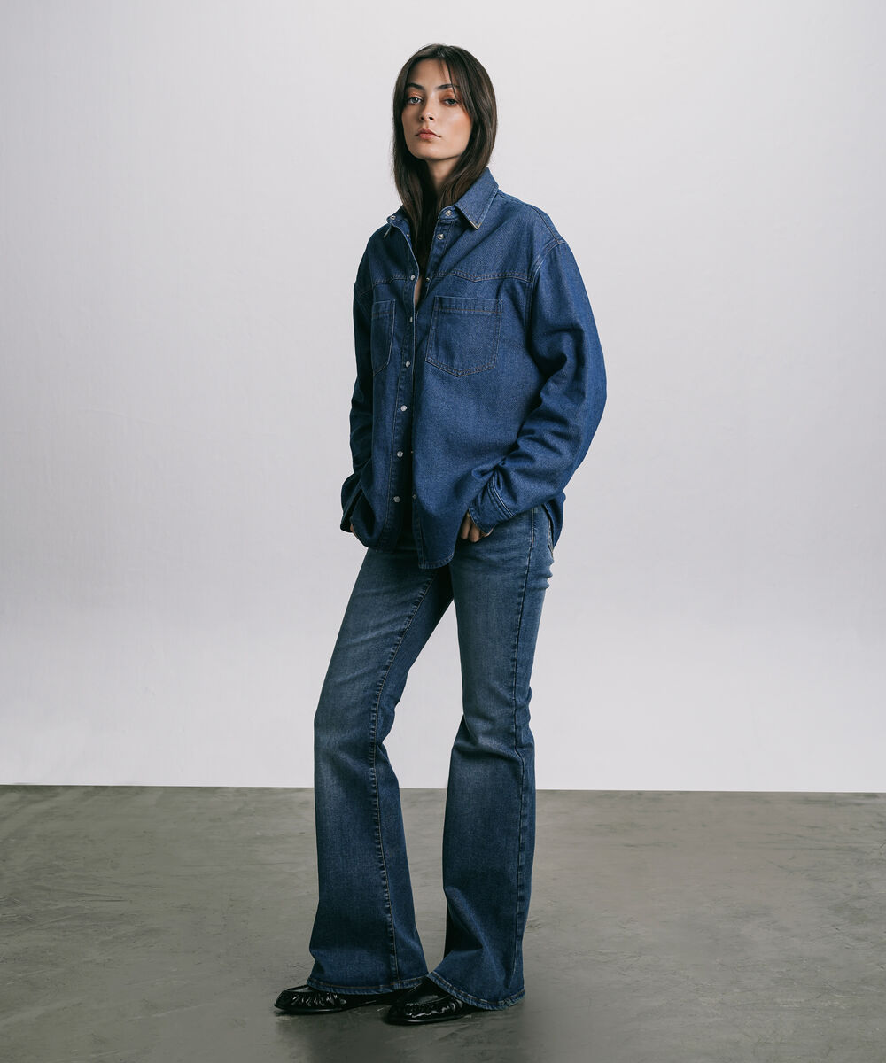 Women's Western Wear Blue Metal Tipped Denim Shirt