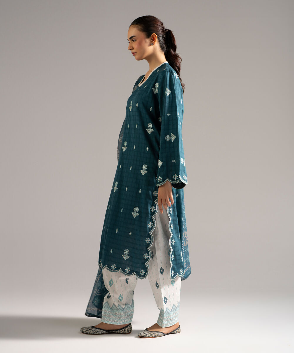 Women's RTW Dobby Embroidered Green 3 Piece Suit