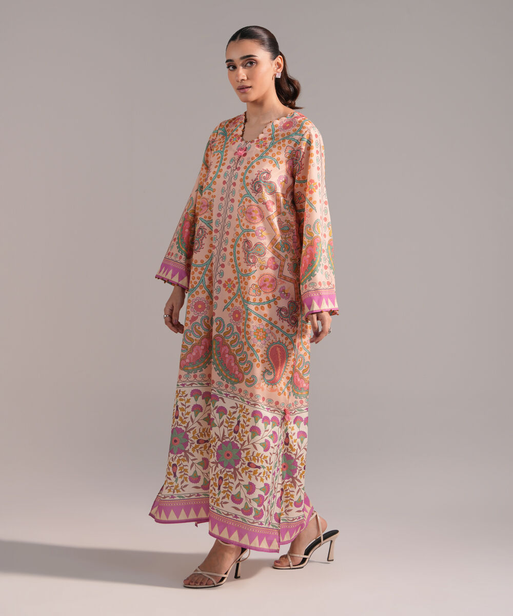 Women's RTW Blended Grip Silk Printed Peach A-Line Shirt