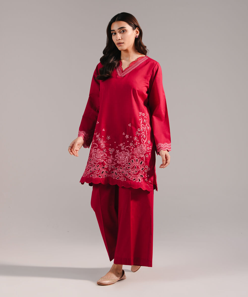 Women's RTW Crosshatch Embroidered Maroon Straight Shirt