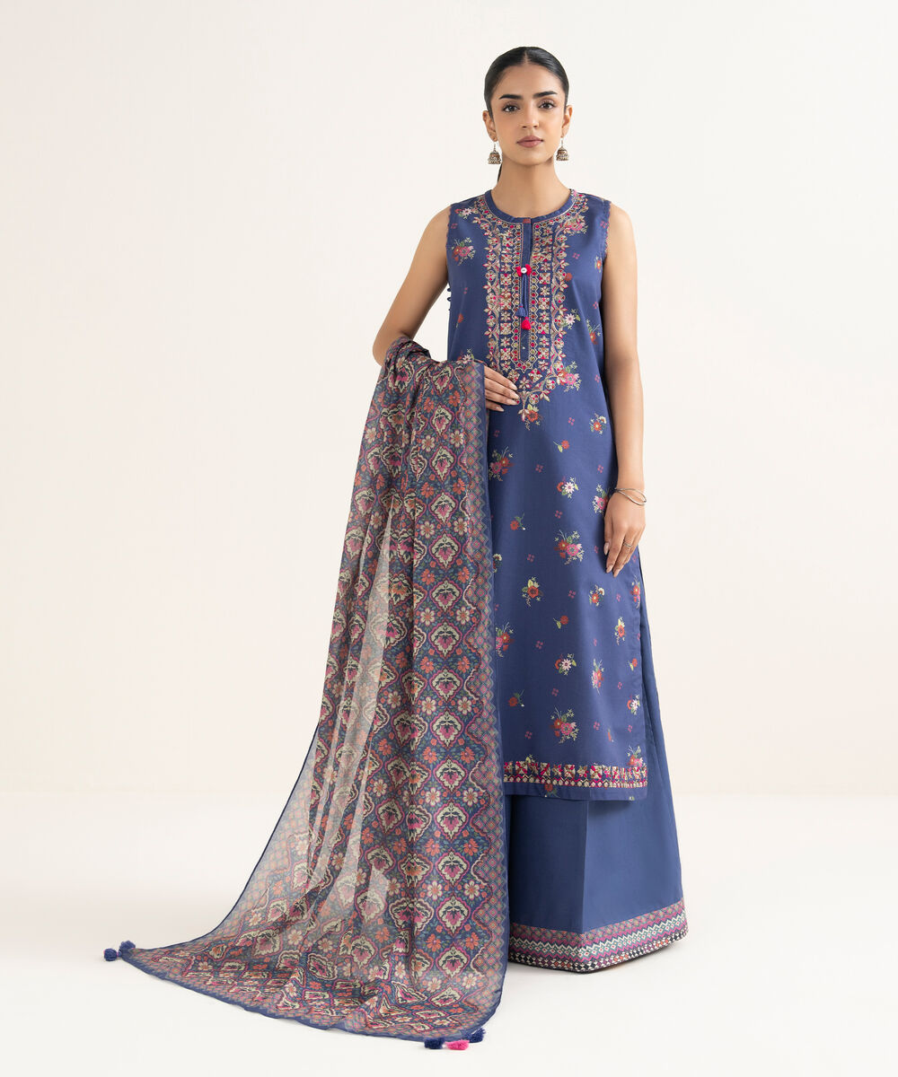 Women's Unstitched Cotton Embroidered Blue    3 Piece Suit