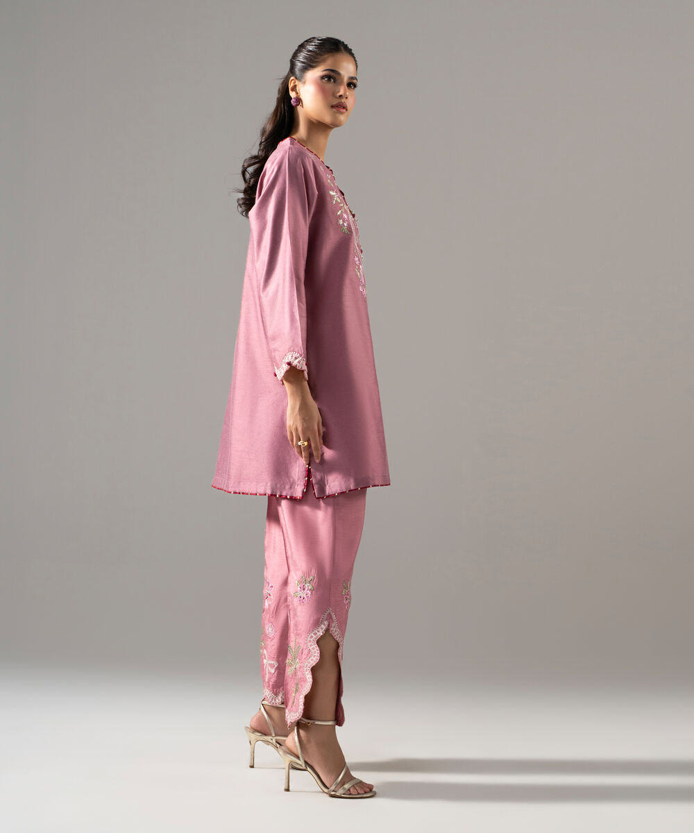 Women's RTW Cotton Net Solid Embroidered Pink 2 Piece Suit