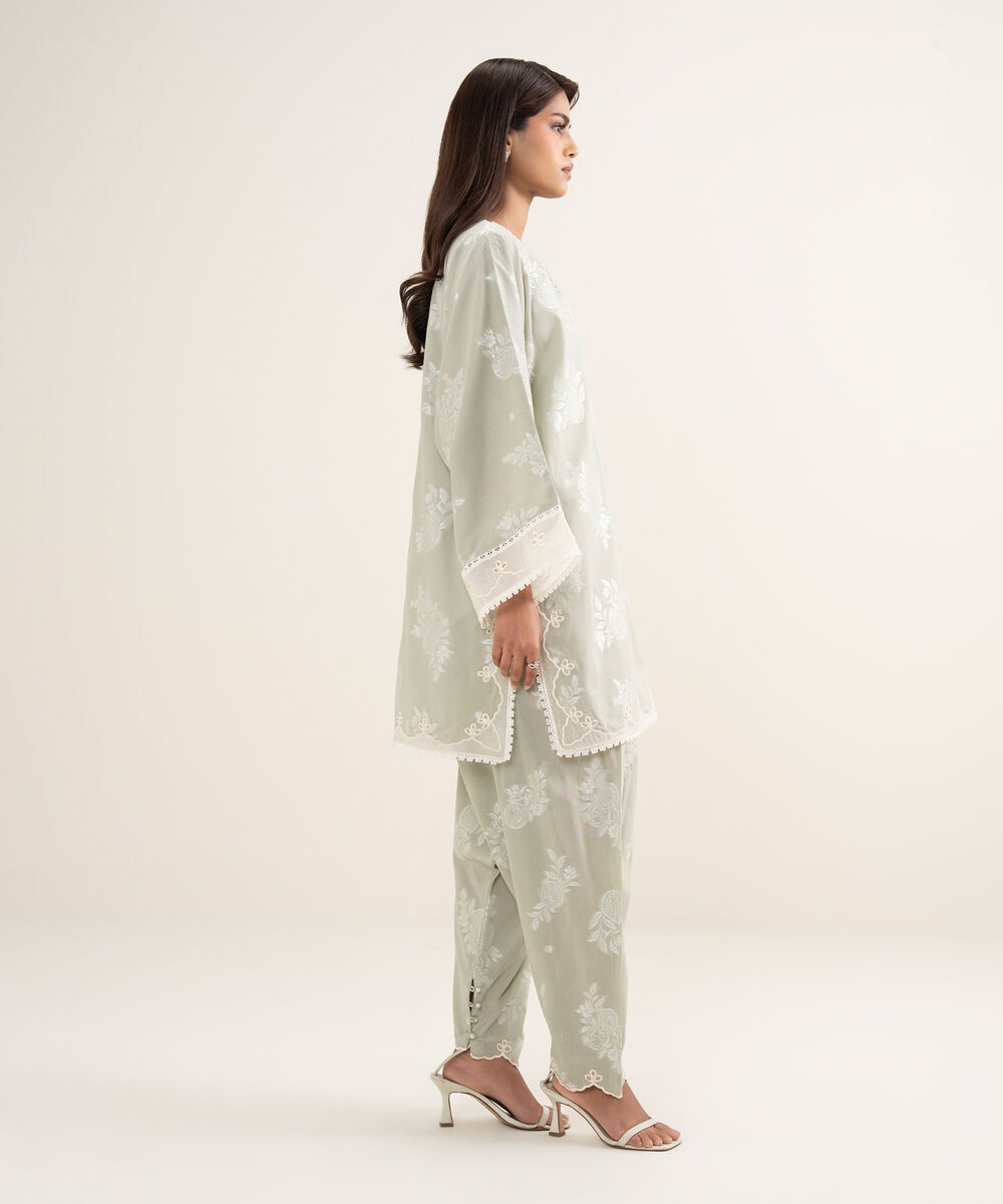 Women's RTW Zari Jacquard Embroidered Green 2 Piece Suit