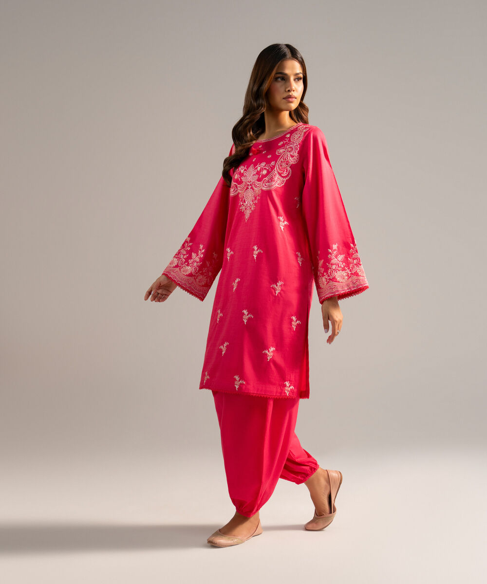 Women's RTW Dobby Embroidered Pink Straight Shirt