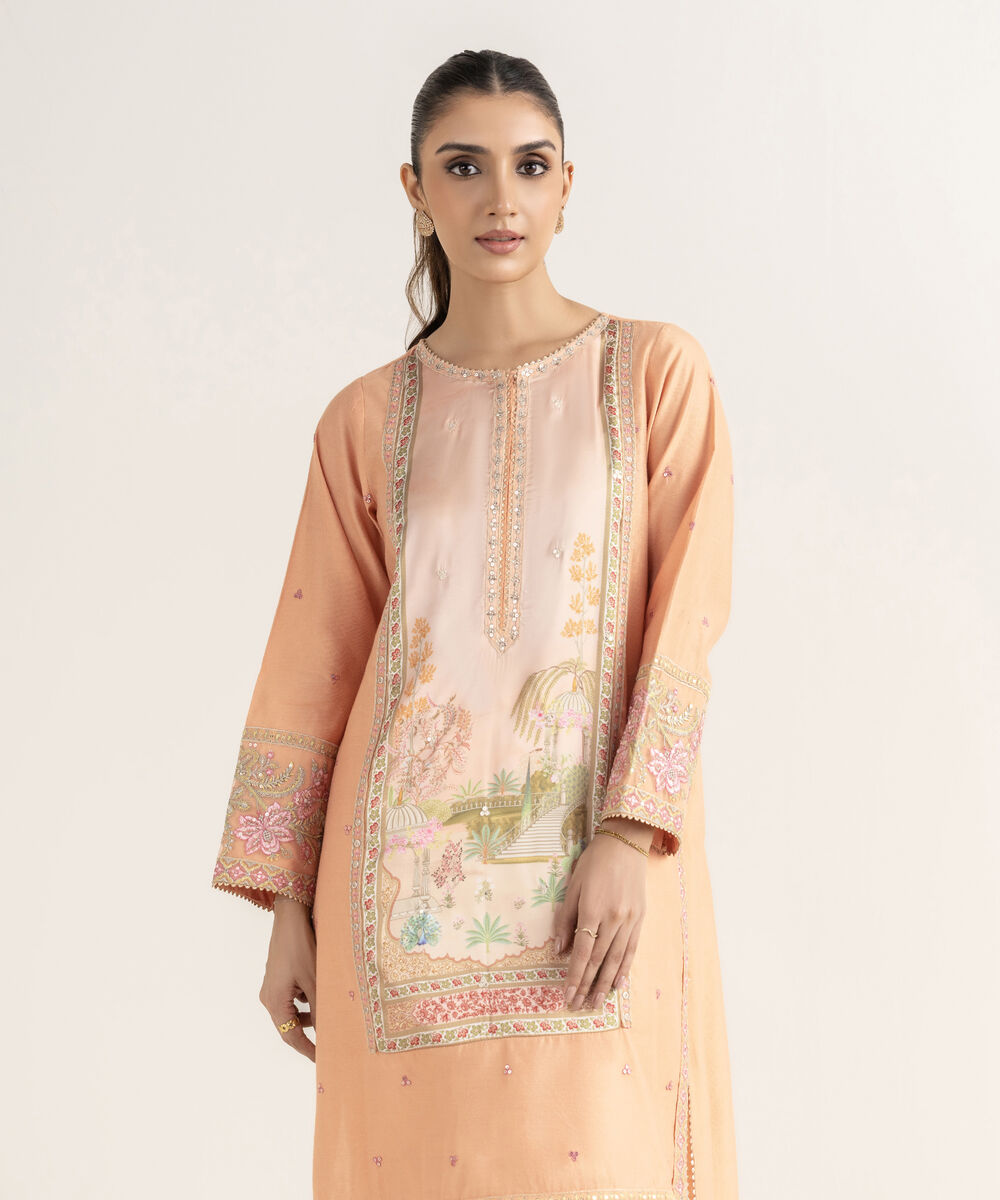 Women's RTW Silk Cotton Net Embroidered A-Line Orange Shirt