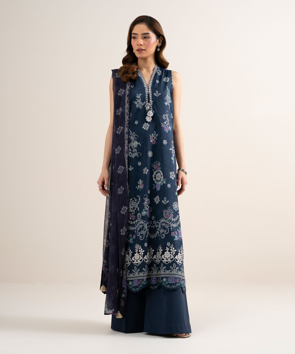 Women's Unstitched Lawn Embroidered Blue 3 Piece Suit