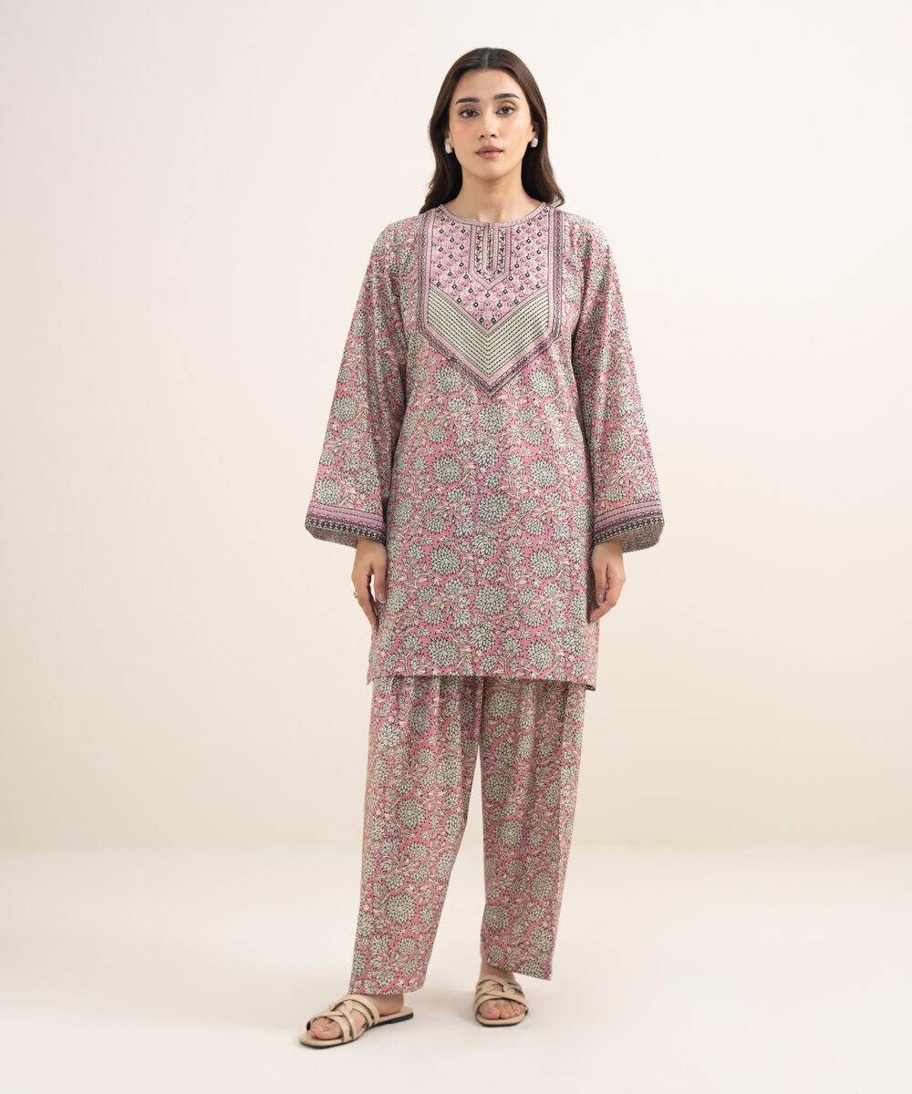 Women's RTW Dobby Embroidered Pink 2 Piece Suit