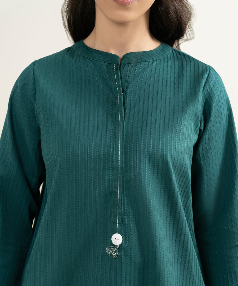 Women's RTW Dobby Solid Green Straight Shirt