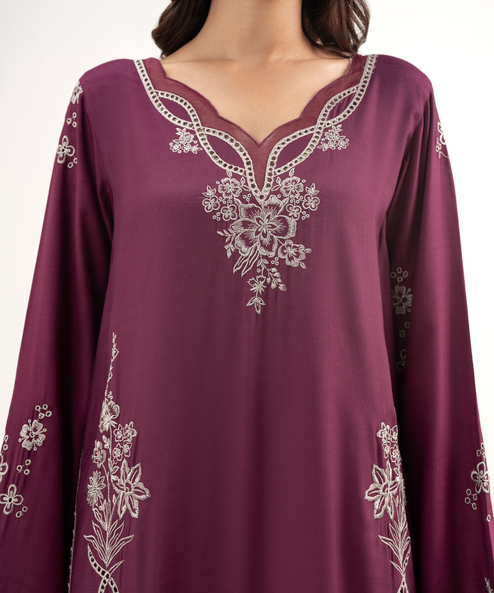 Women's RTW Viscose Raw Silk Embroidered Purple 2 Piece Suit