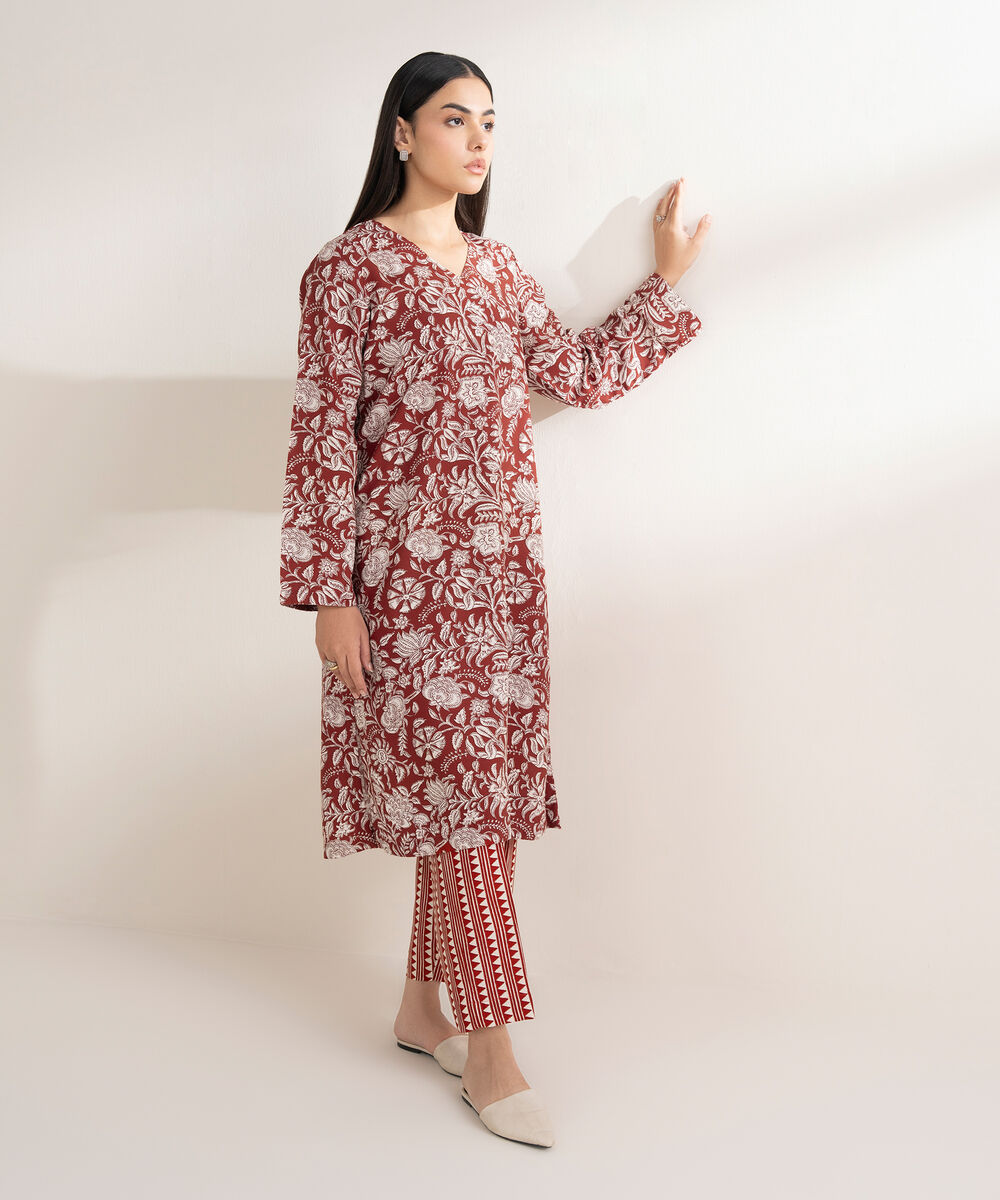 Women's RTW Arabic Khaddar Printed Straight Red Shirt