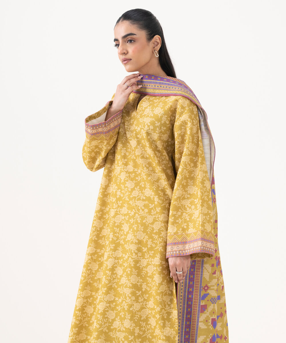 Women's Unstitched Light Khaddar Printed Yellow 3 Piece Suit