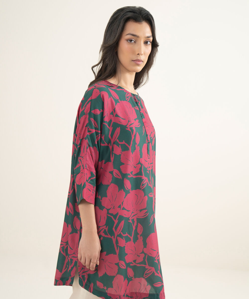Women's RTW Arabic Cambric Printed Green Drop Shoulder Shirt
