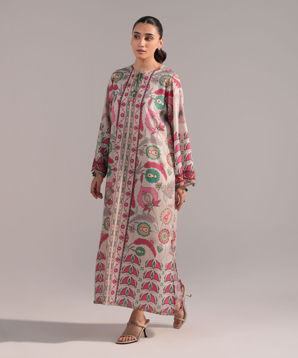 Women's RTW Blended Grip Silk Printed Grey A-Line Shirt