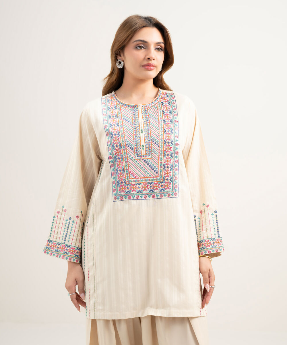 Women's RTW Dobby Embroidered Beige 2 Piece Suit