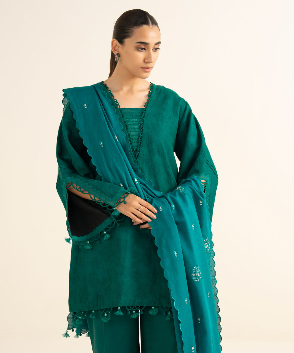 Women's Unstitched Cotton Jacquard Embroidered Green 3 Piece Suit