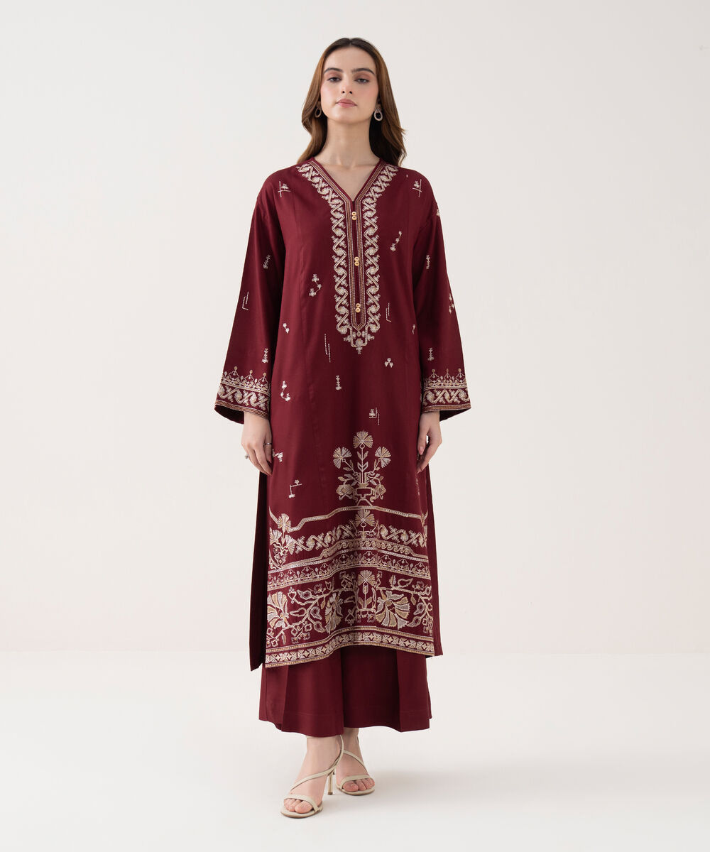 Women's RTW Viscose Marina Embroidered A-Line Red Shirt