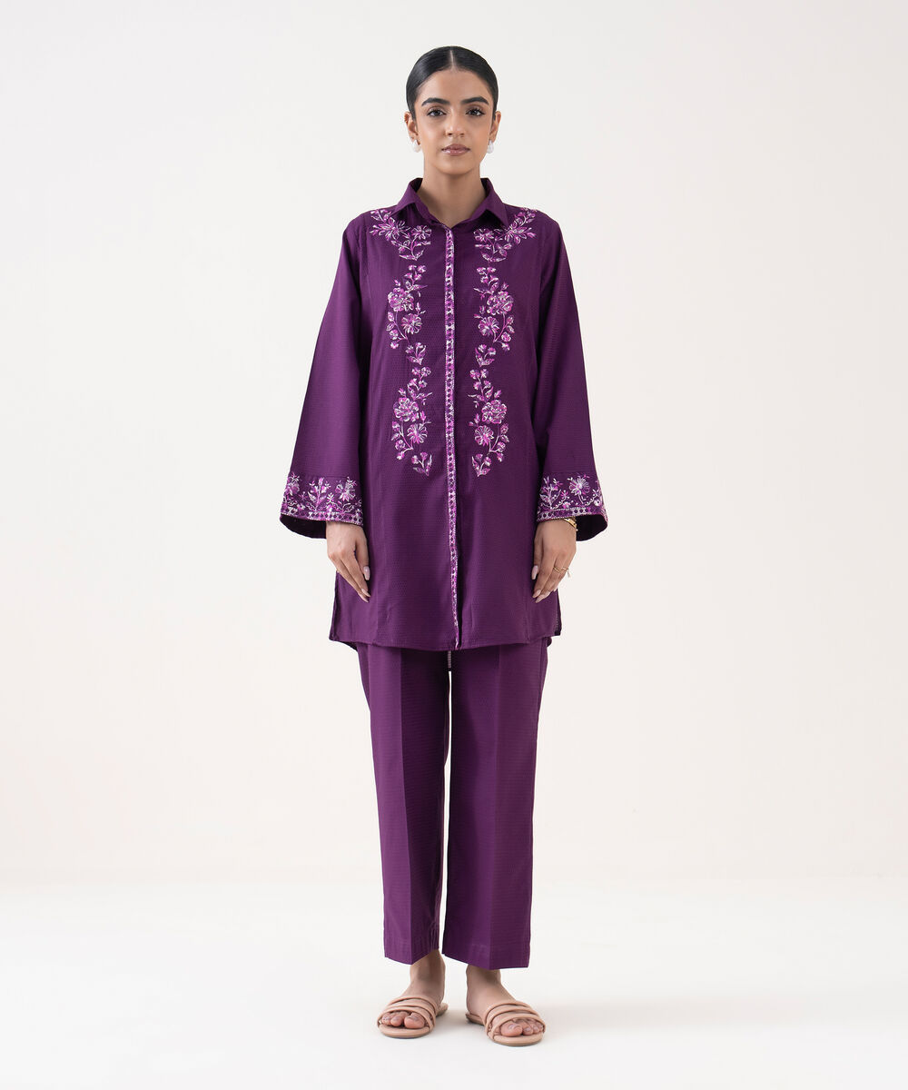 Women's RTW Textured Lawn Purple Embroidered Boxy Shirt
