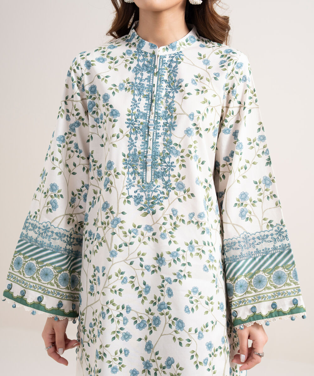 Women's Unstitched Lawn Embroidered Off White 3 Piece Suit