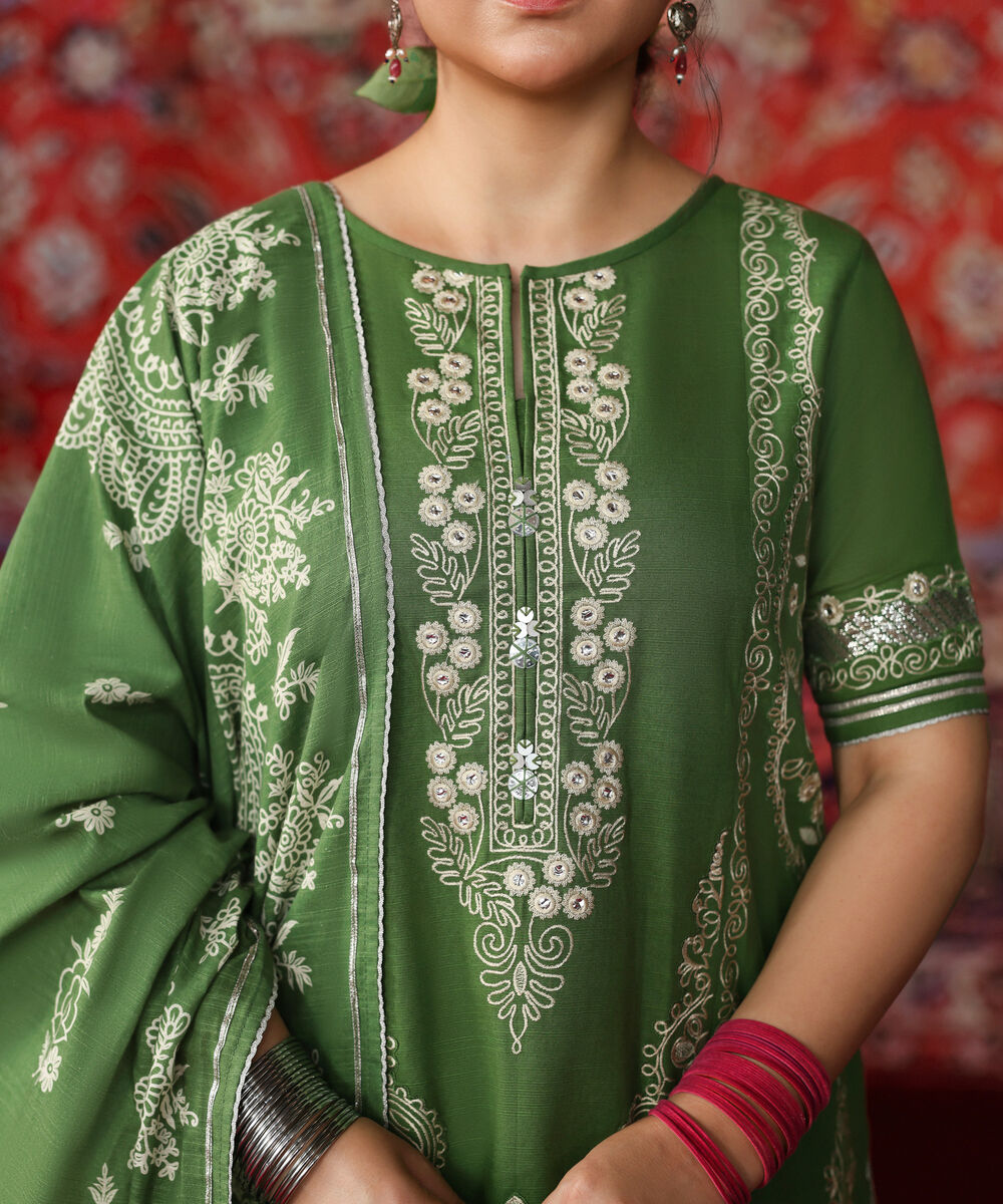 Women's Unstitched Cotton Embroidered Green 3 Piece Suit