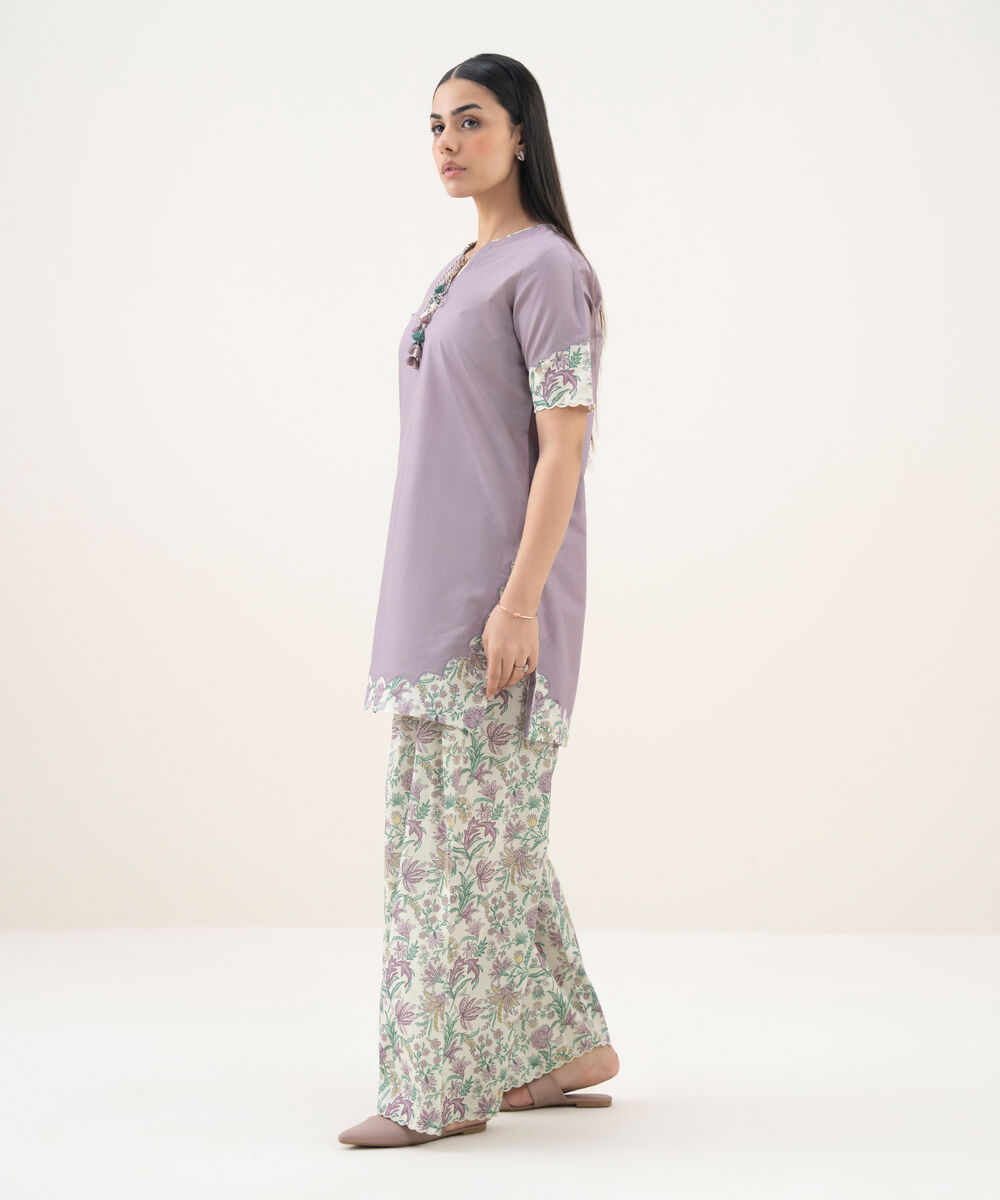 Women's Unstitched Cotton Printed Purple 2 Piece Suit