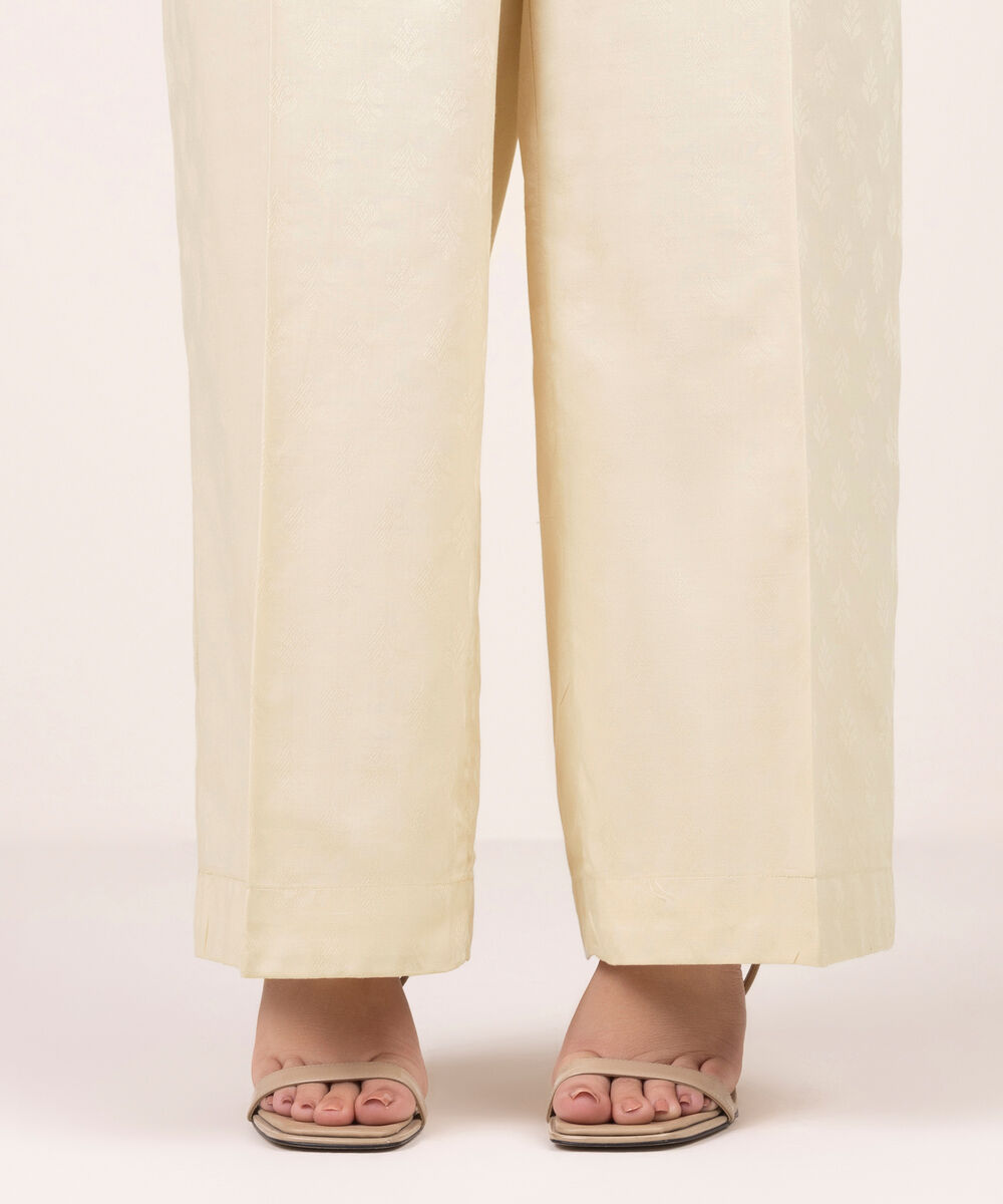 Women's RTW Self Jacquard Solid Beige Flared Pants