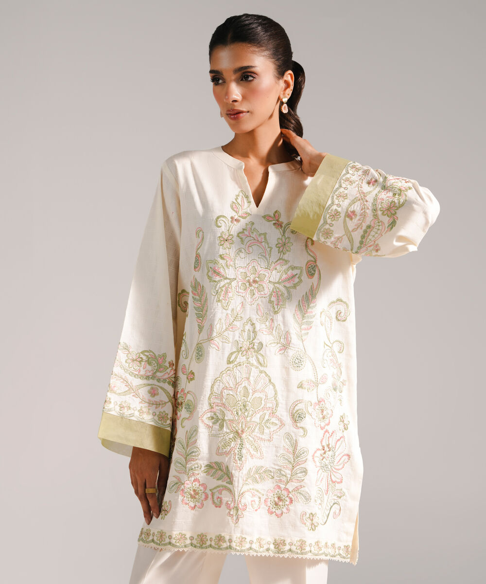 Women's RTW Dobby Embroidered Straight Off White Shirt