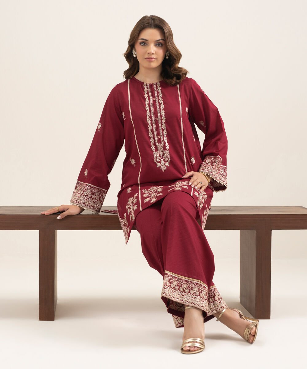 Women's RTW Dobby Embroidered Red Straight Shirt