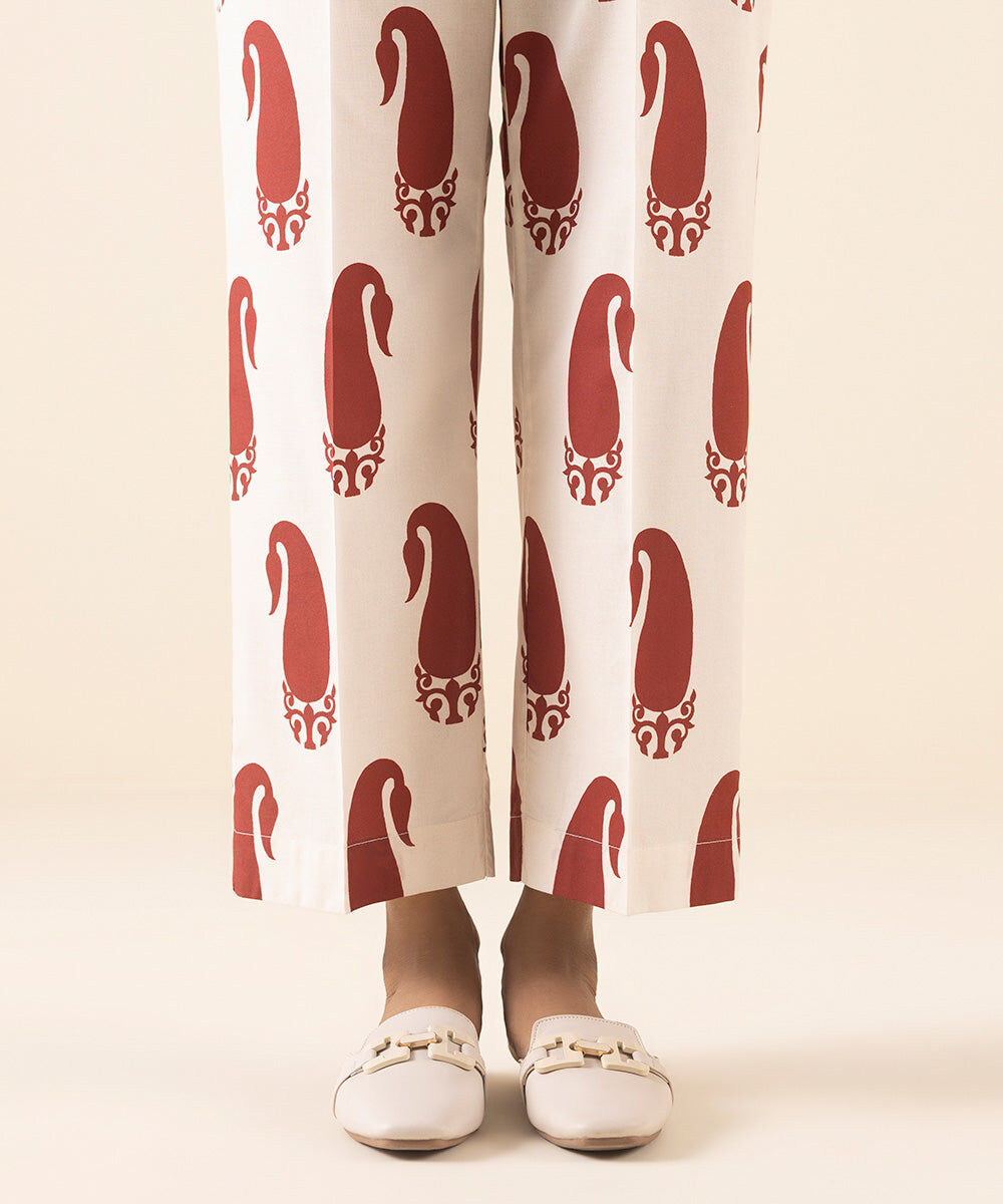 Woman - White Printed Cambric Straight Pants