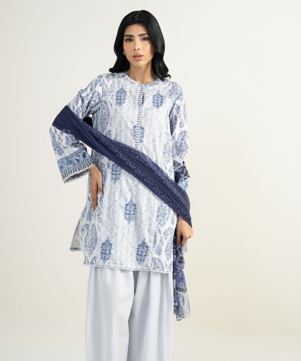 Women's RTW Cotton Embroidered Blue 3 Piece Suit