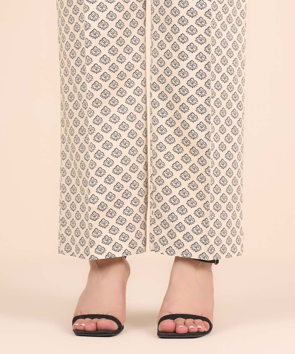 Women's RTW Cambric Off White Printed Straight Pants