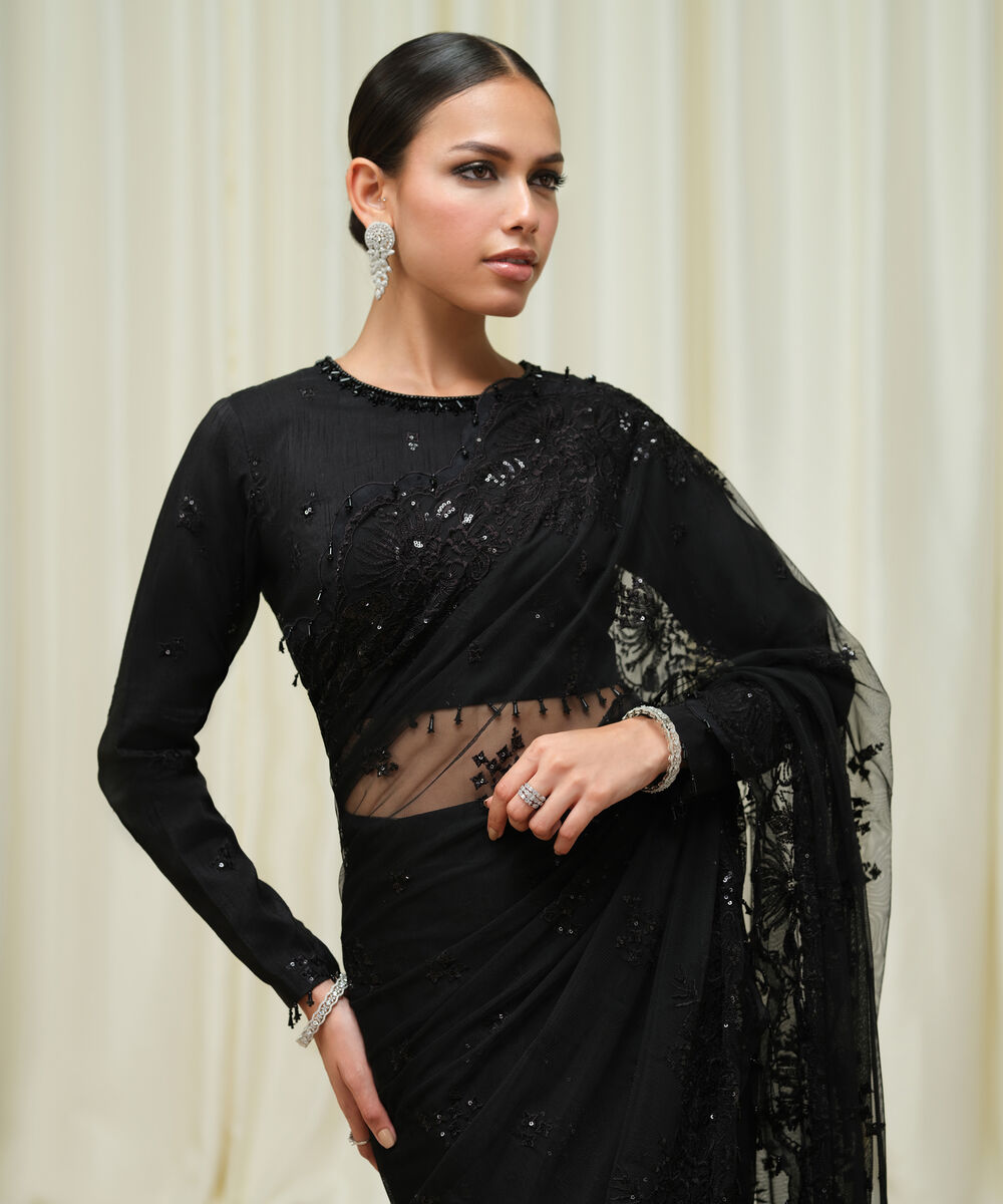 Women's Unstitched Embroidered Net Black Saree