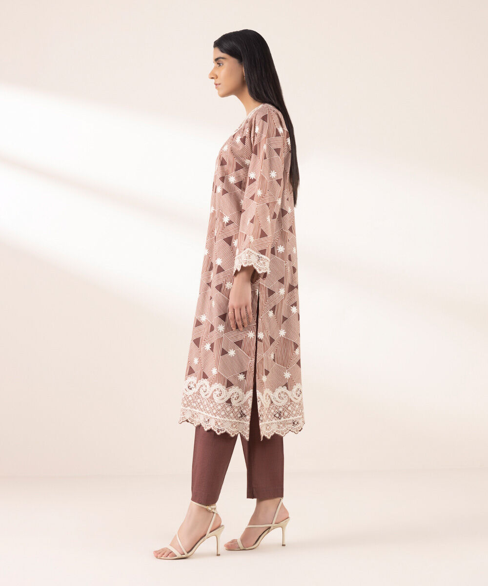 Women's RTW Lawn Brown Embroidered Boxy Shirt